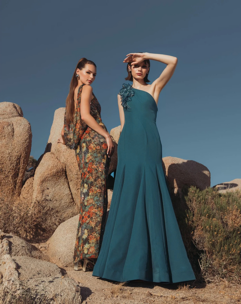 Mac Duggal Blue One Shoulder Mermaid Gown with 3D Flowers #11940 Ocean Blue 