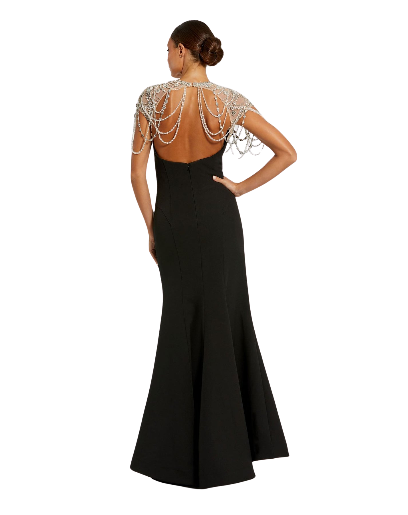Draped Pearl Beaded Mermaid Gown Black