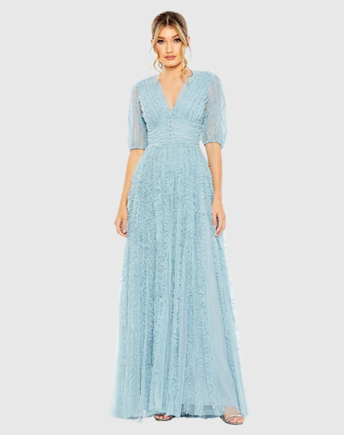 Mac Duggal Blue V Neck Puff Sleeve Ruffle Tiered A Line Gown #8050 French Blue