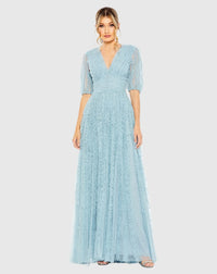 Mac Duggal Blue V Neck Puff Sleeve Ruffle Tiered A Line Gown #8050 French Blue