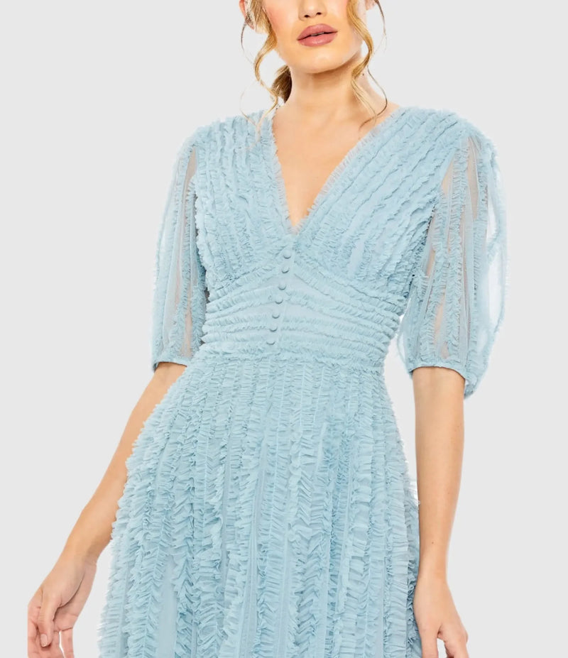 Mac Duggal Blue V Neck Puff Sleeve Ruffle Tiered A Line Gown #8050 French Blue