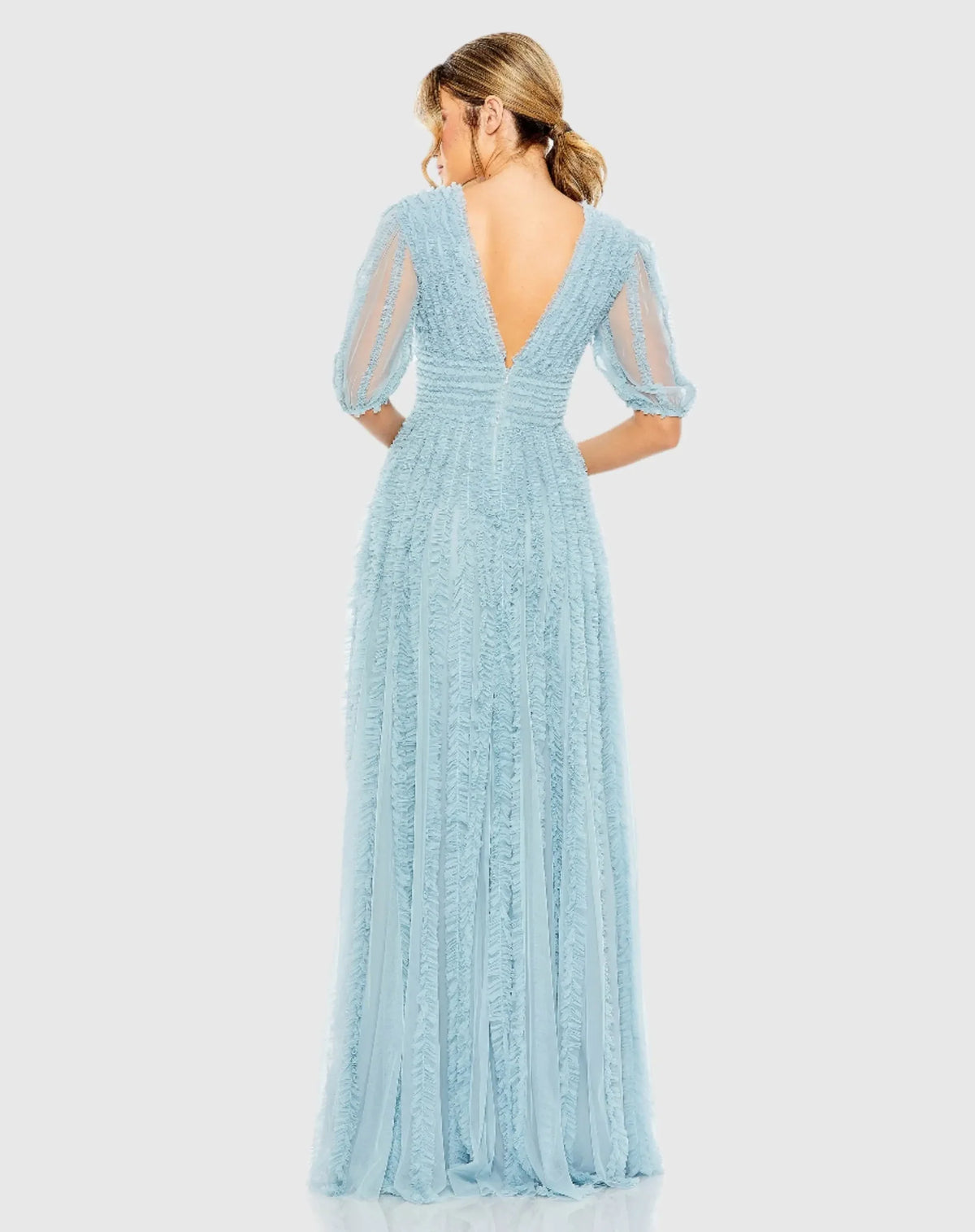 Mac Duggal Blue V Neck Puff Sleeve Ruffle Tiered A Line Gown #8050 French Blue