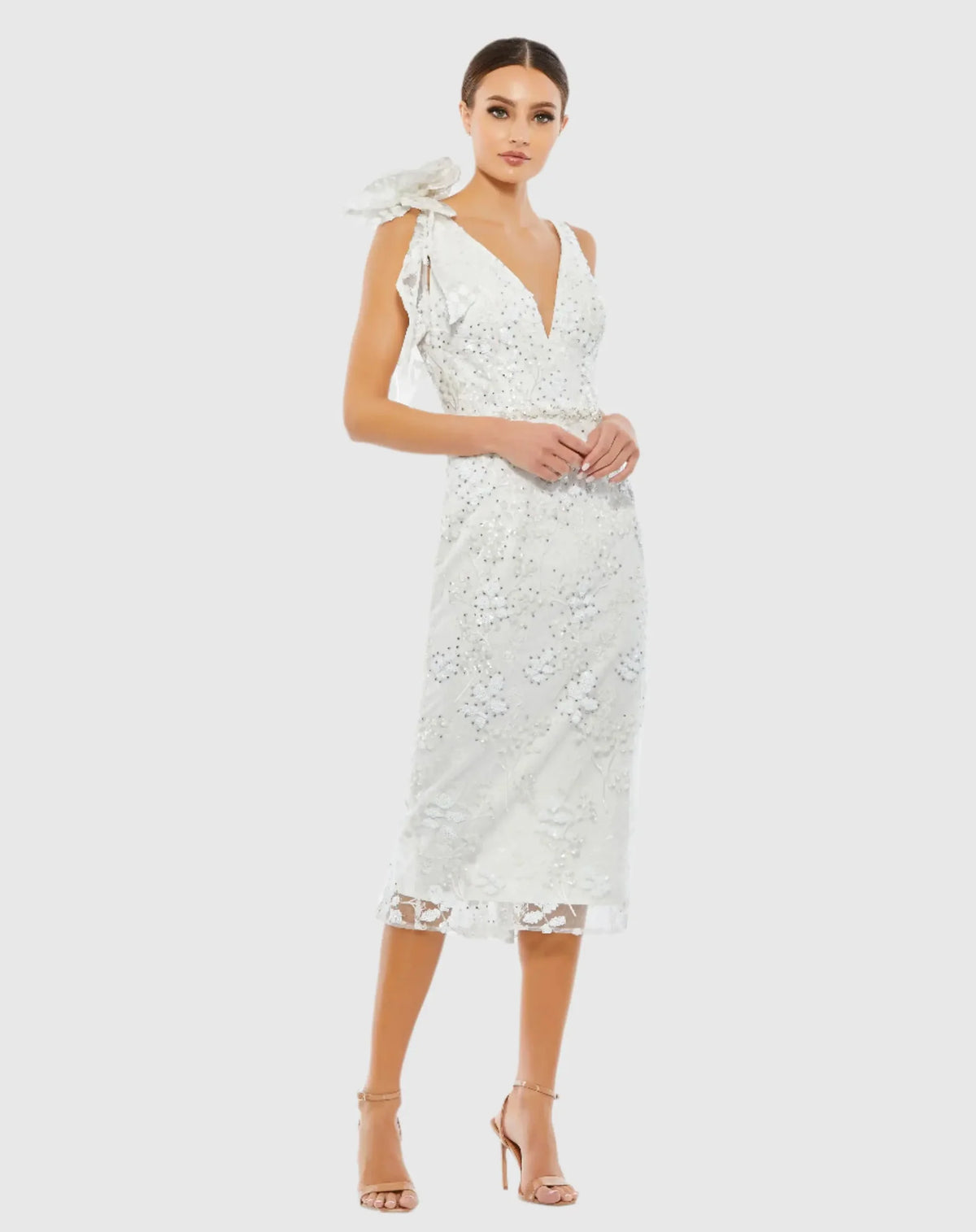 Mac Duggal White Floral Embellished V-neck Midi Dress with Shoulder Bow #79337 Ivory 