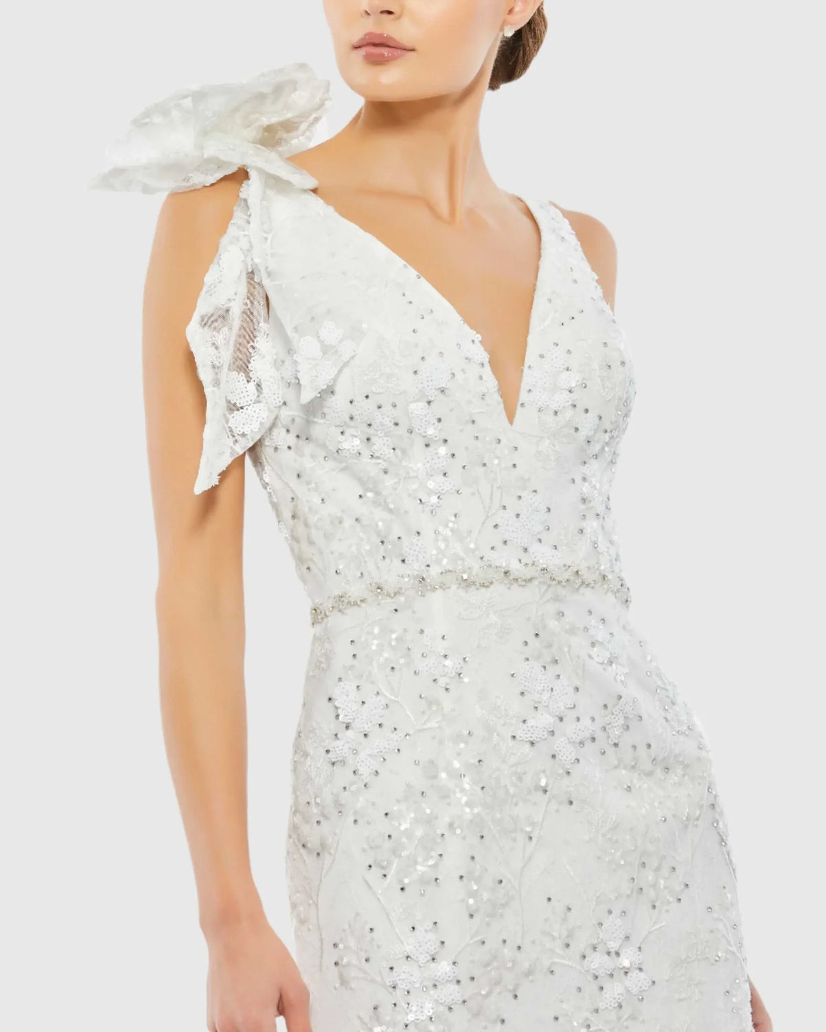 Floral Embellished V-neck Midi Dress with Shoulder Bow - Ivory