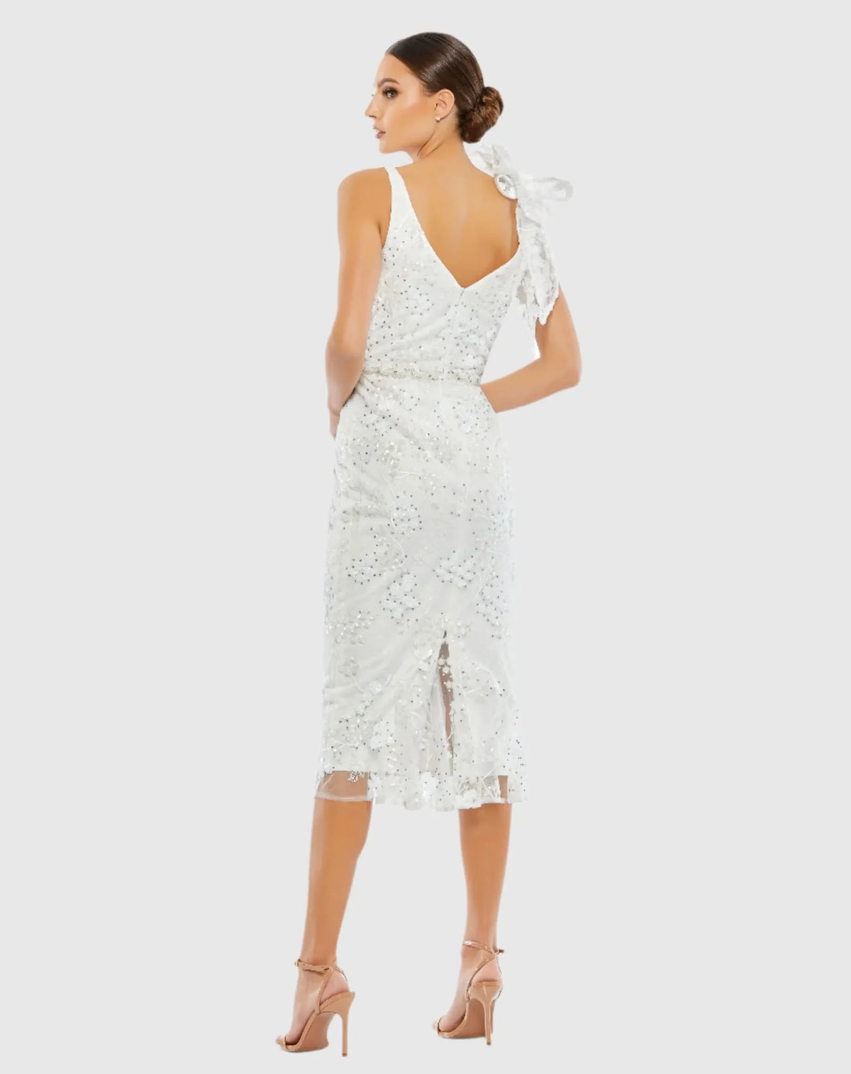 Floral Embellished V-neck Midi Dress with Shoulder Bow - Ivory