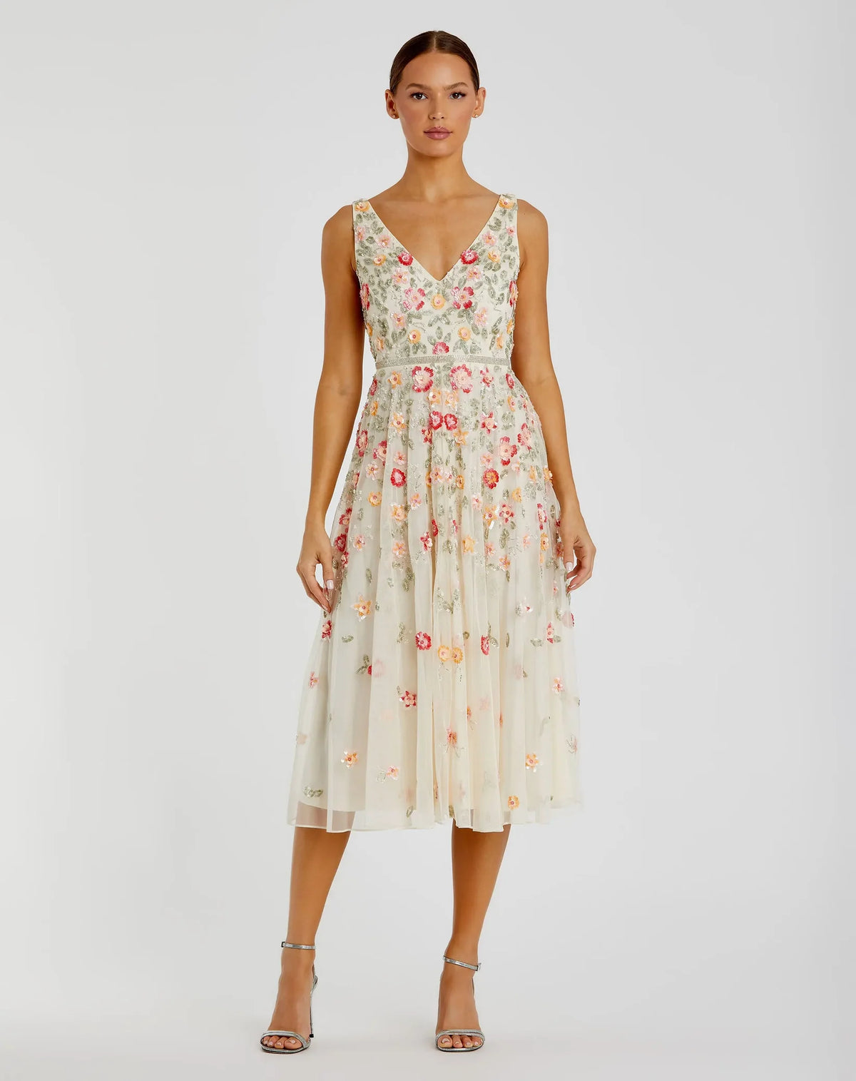 Mac Duggal V-Neck Sleeveless Midi Floral Beaded A-line Dress Sage Nude #5527
