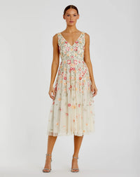 Mac Duggal V-Neck Sleeveless Midi Floral Beaded A-line Dress Sage Nude #5527