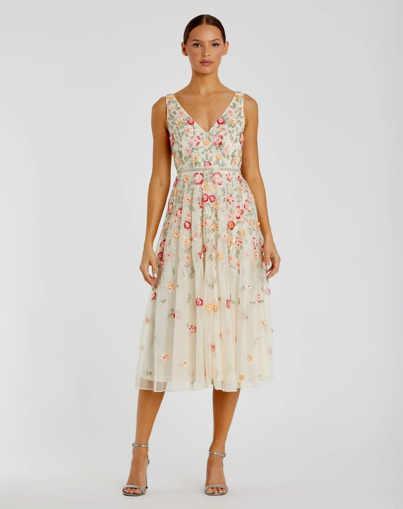 Mac Duggal V-Neck Sleeveless Midi Floral Beaded A-line Dress Sage Nude #5527