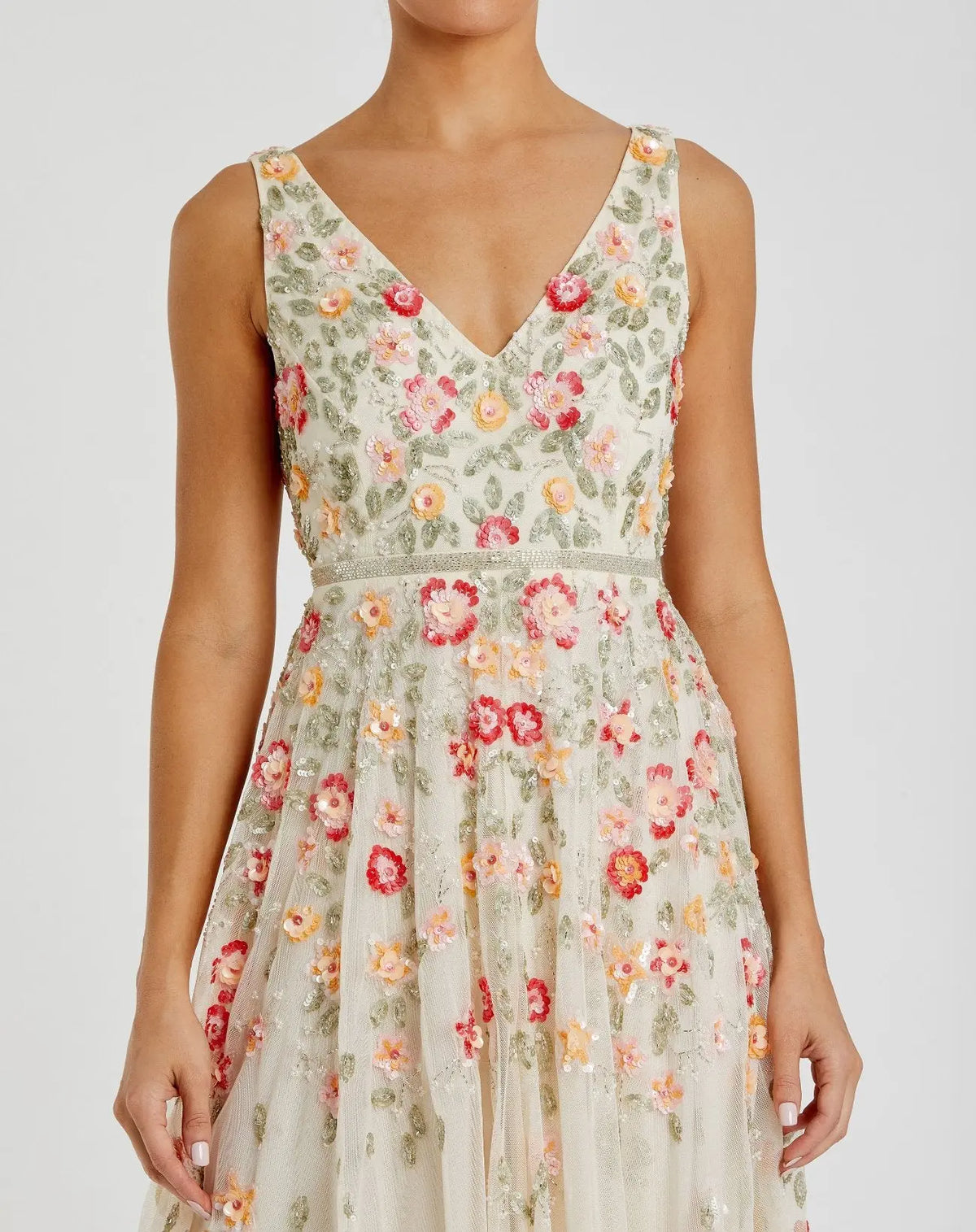 V-Neck Floral Beaded A-line Dress - Nude