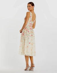 V-Neck Floral Beaded A-line Dress - Nude