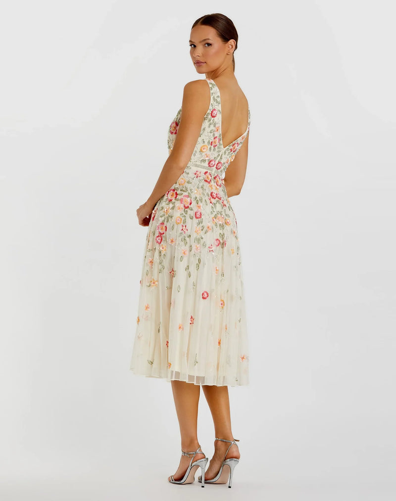 V-Neck Floral Beaded A-line Dress - Nude