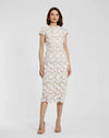 Mac Duggal White and Beige Floral Lace Fitted Short Sleeve Midi Dress Ivory Nude #81022