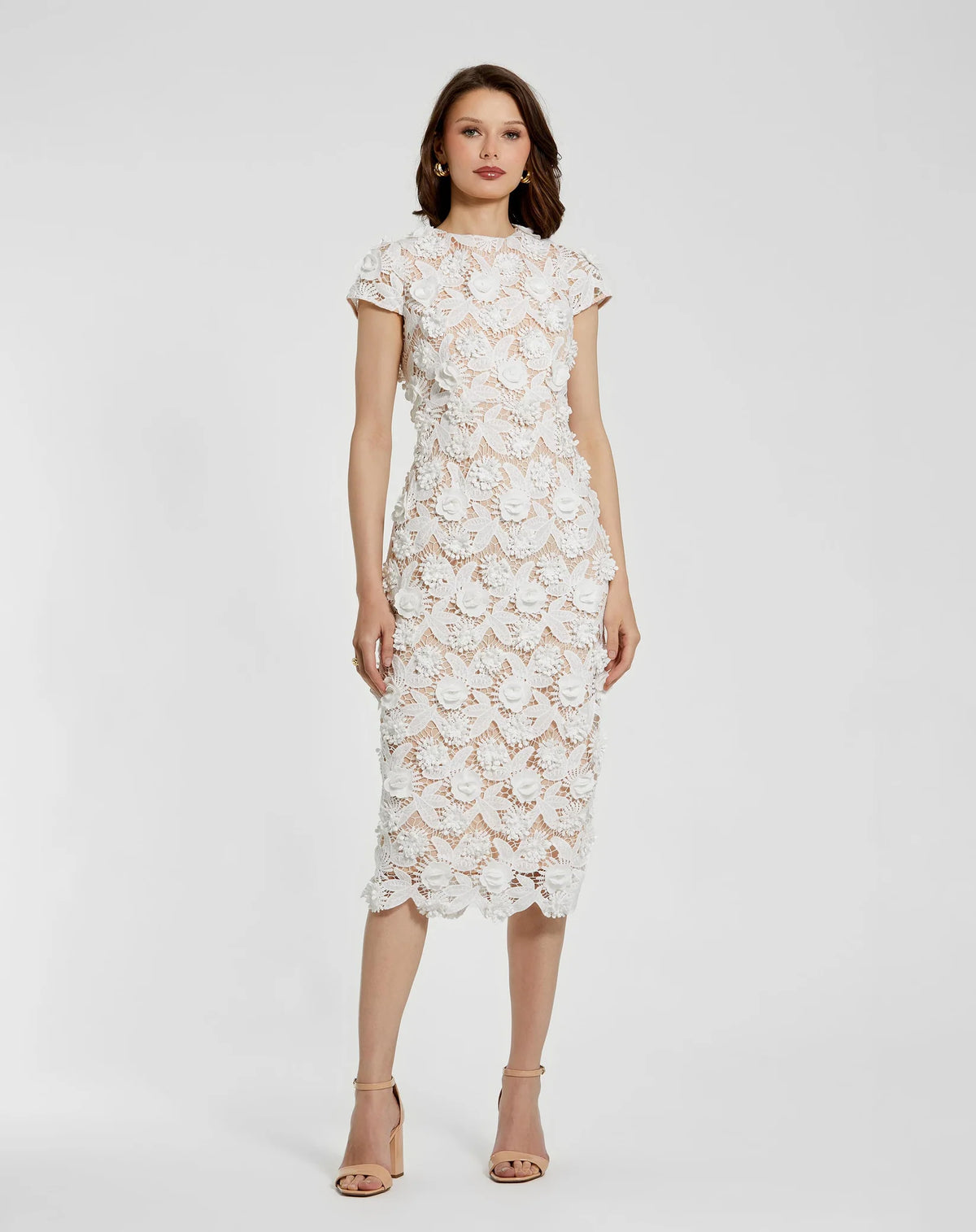 Mac Duggal White and Beige Floral Lace Fitted Short Sleeve Midi Dress Ivory Nude #81022
