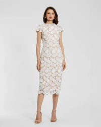 Mac Duggal White and Beige Floral Lace Fitted Short Sleeve Midi Dress Ivory Nude #81022