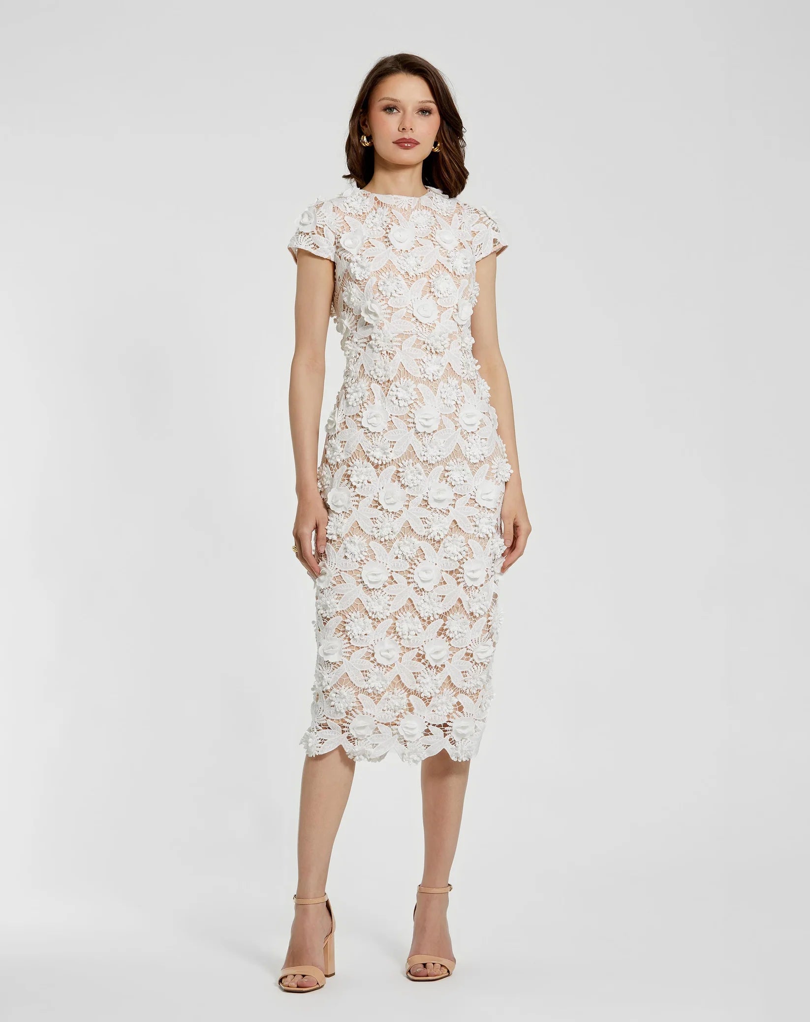 Mac Duggal White and Beige Floral Lace Fitted Short Sleeve Midi Dress Ivory Nude #81022