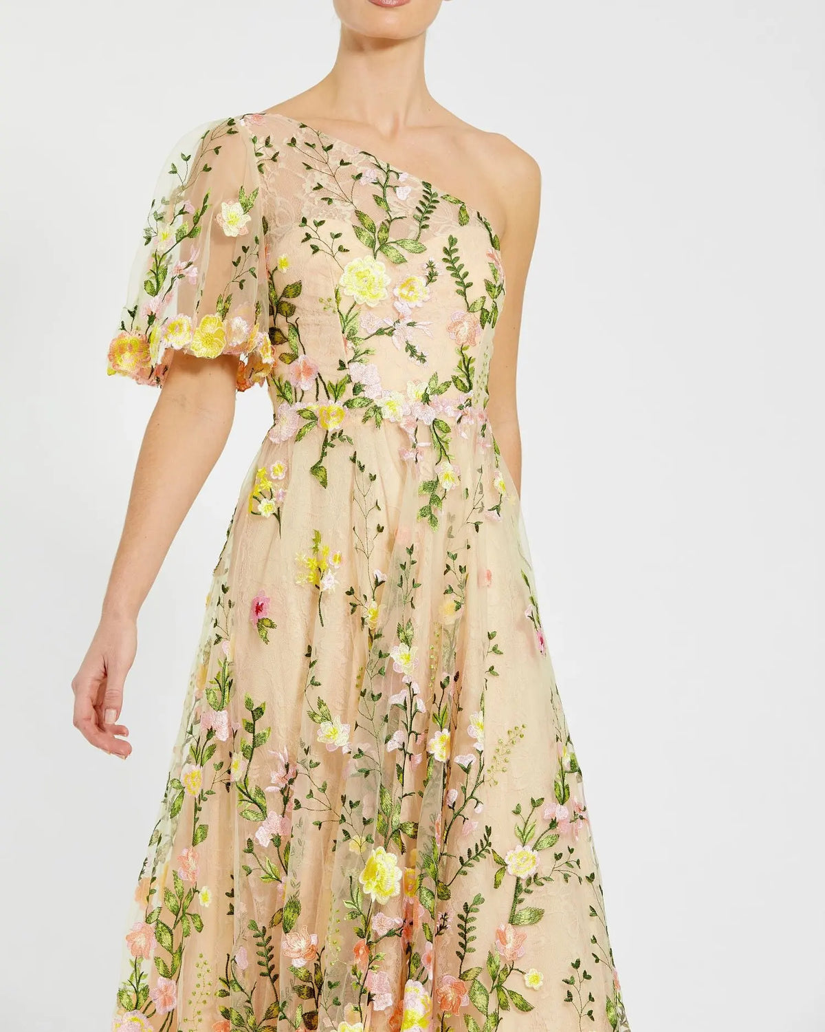 One Shoulder Lace Embroidered Dress - Pink