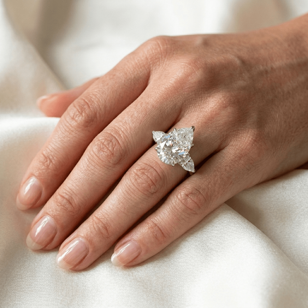 Pear shape engagement ring worn on hand