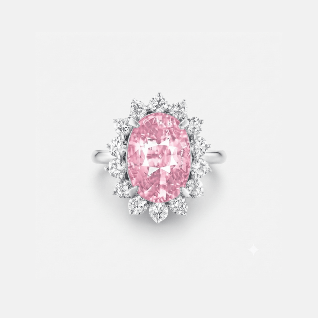 Pink oval sapphire halo cocktail ring, 6.25 carats, sterling silver
