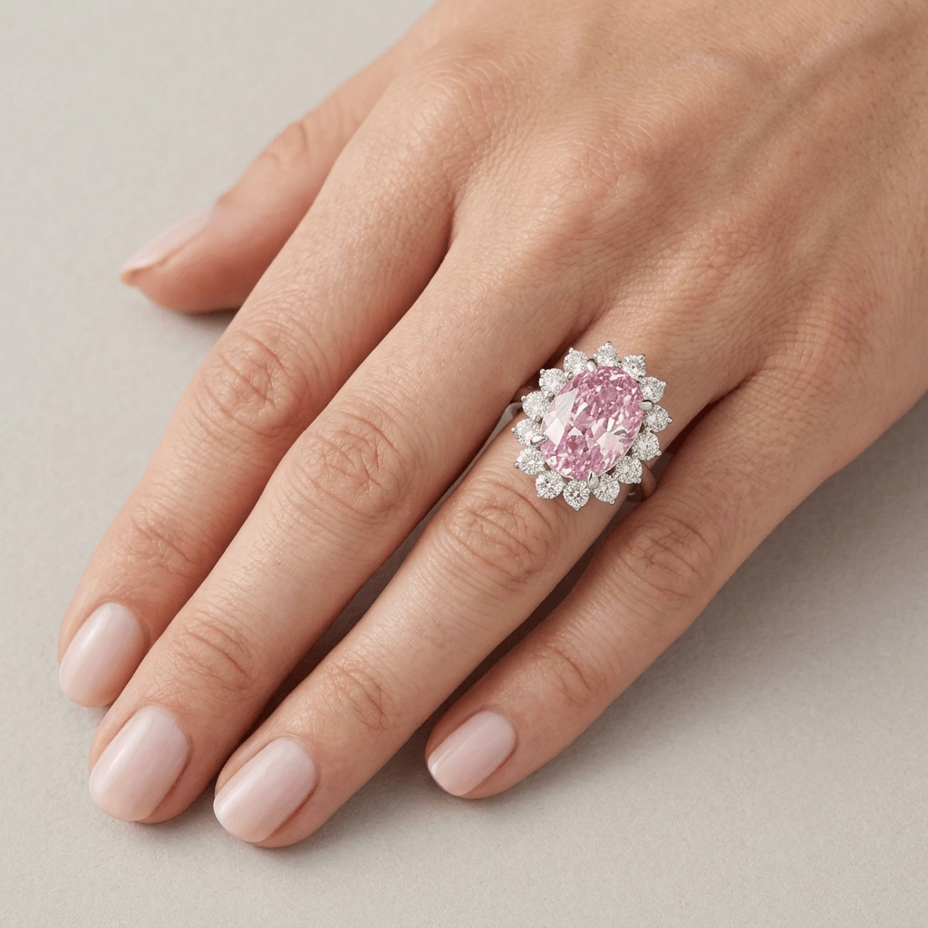 Pink oval sapphire halo cocktail ring on hand