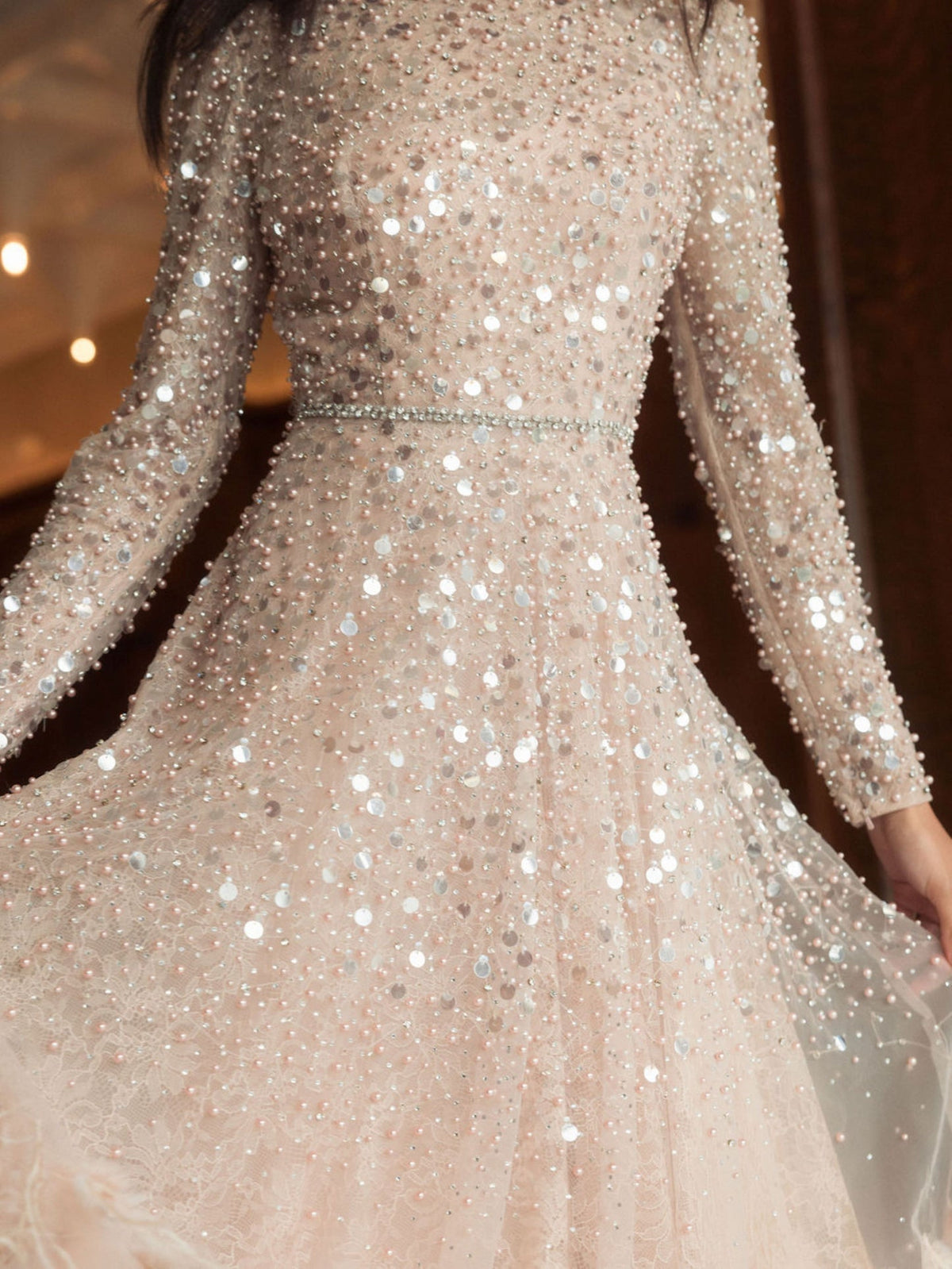 Embellished Ostrich Feather Modest Gown - Dusty Rose