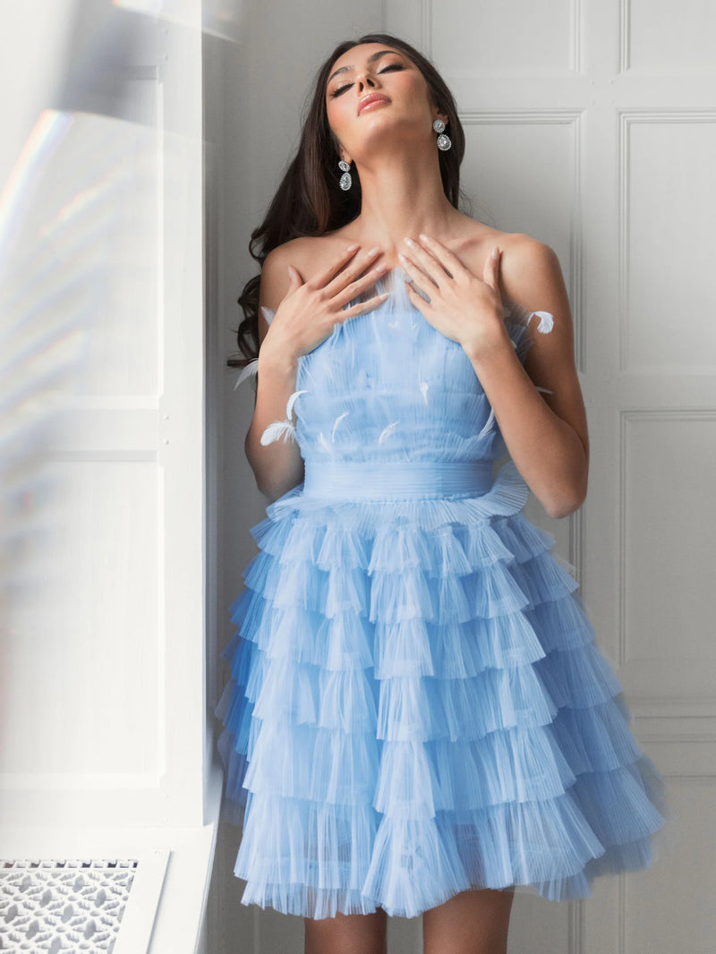 Feathered Strapless Tulle Fit and Flare Dress - Blue