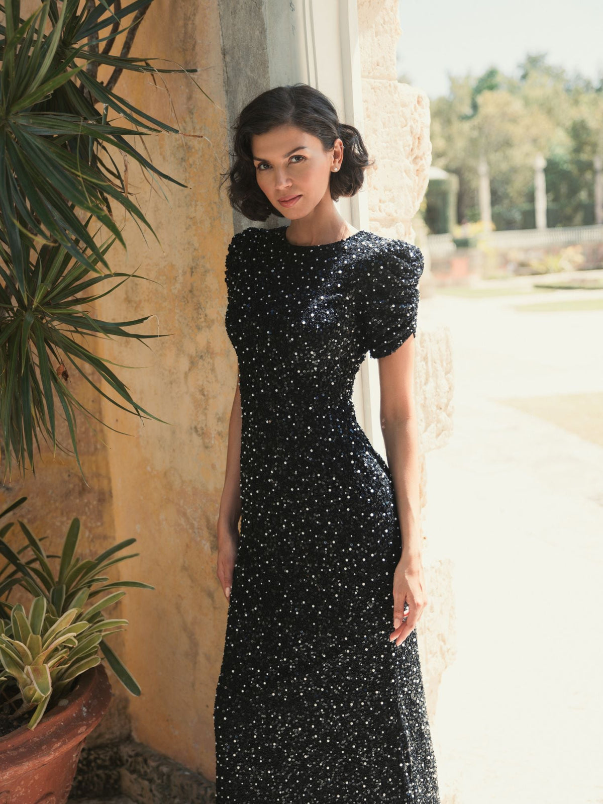 Gathered Short Sleeve Beaded Sequin Gown - Black