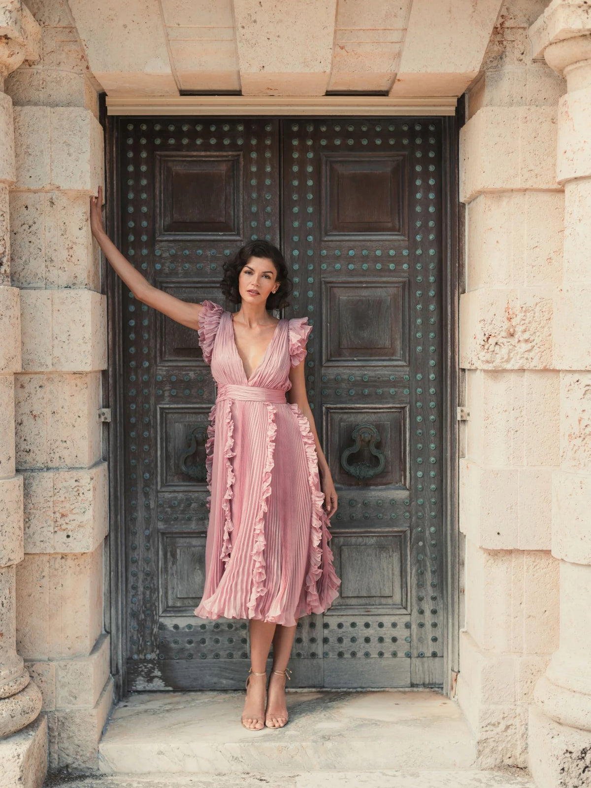 Pleated V Neck Ruffle Midi Dress - Butter