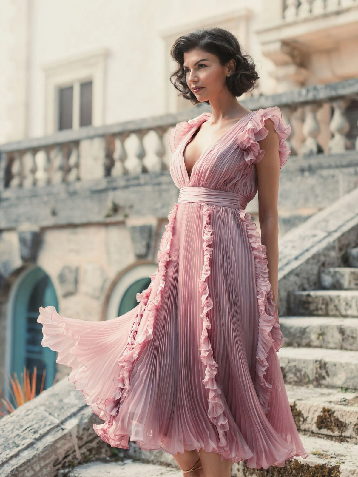 Pleated V Neck Ruffle Midi Dress - Butter