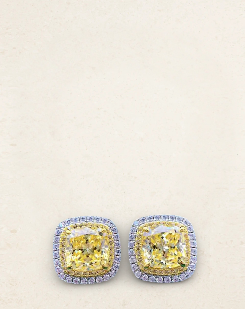 Fancy Yellow Diamond Halo Stud Earrings – Cushion Cut