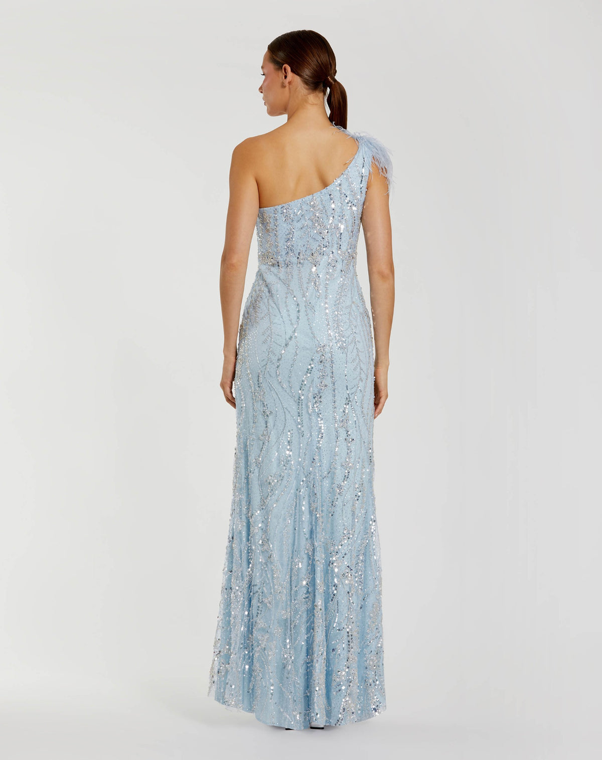 Ostrich feather asymmetric embroidered gown - Powder Blue