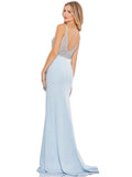 This elegant Mac Duggal powder blue, evening dress is a beautiful, long, simple and sleek, chic gown with a sheer bodice, thigh-high slit, ruffled peplum waist, and a sweeping train. The natural waist is defined by a hand beaded belt. This gown is perfect for proms, black-tie affairs, weddings and special events back