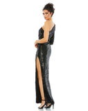  This stunning black, Mac Duggal elegant evening gown is perfect for your next black-tie affair, this floor-length dress is crafted from allover hand-sequined fabric and is designed with a single long sleeve, a sexy high side slit, and a waistband that accents the natural waist. back