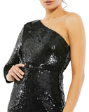 This stunning black, Mac Duggal elegant evening gown is perfect for your next black-tie affair, this floor-length dress is crafted from allover hand-sequined fabric and is designed with a single long sleeve, a sexy high side slit, and a waistband that accents the natural waist.  front