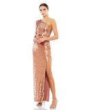This stunning Mac Duggal elegant evening gown is perfect for your next black-tie affair, this floor-length dress is crafted from allover hand-sequined fabric and is designed with a single long sleeve, a sexy high side slit, and a waistband that accents the natural waist.  front