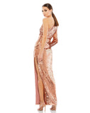 This stunning Mac Duggal elegant evening gown is perfect for your next black-tie affair, this floor-length dress is crafted from allover hand-sequined fabric and is designed with a single long sleeve, a sexy high side slit, and a waistband that accents the natural waist.  back