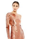  frontThis stunning Mac Duggal elegant evening gown is perfect for your next black-tie affair, this floor-length dress is crafted from allover hand-sequined fabric and is designed with a single long sleeve, a sexy high side slit, and a waistband that accents the natural waist front
