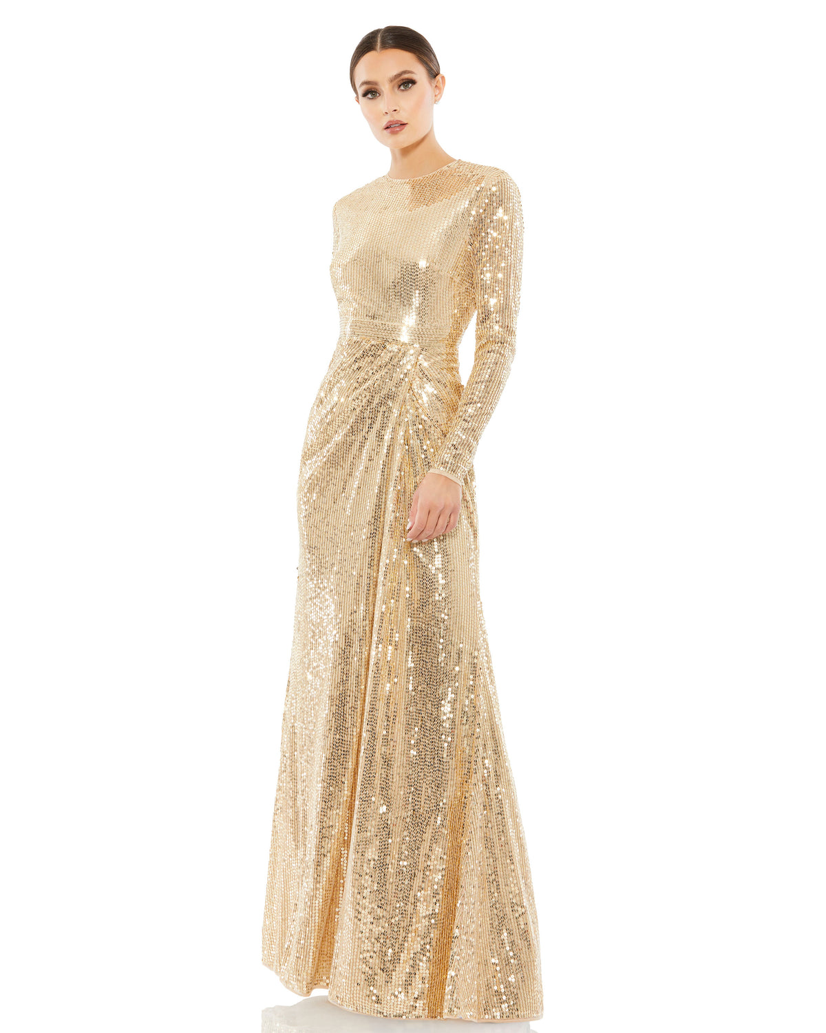 This elegant Mac Duggal, long, gold, hand-sequined gown is a fashion-forward choice for any formal affair. With a high round neckline, long sleeves, and a floor-grazing skirt, this modest silhouette is accented by a draped skirt and inset waist detail. Sleeves feature hidden zippers for ease of dressing. This elegant evening dress is the perfect dress perfect for proms, black-tie affairs, weddings and special events!