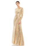 This elegant Mac Duggal, long, gold, hand-sequined gown is a fashion-forward choice for any formal affair. With a high round neckline, long sleeves, and a floor-grazing skirt, this modest silhouette is accented by a draped skirt and inset waist detail. Sleeves feature hidden zippers for ease of dressing. This elegant evening dress is the perfect dress perfect for proms, black-tie affairs, weddings and special events!