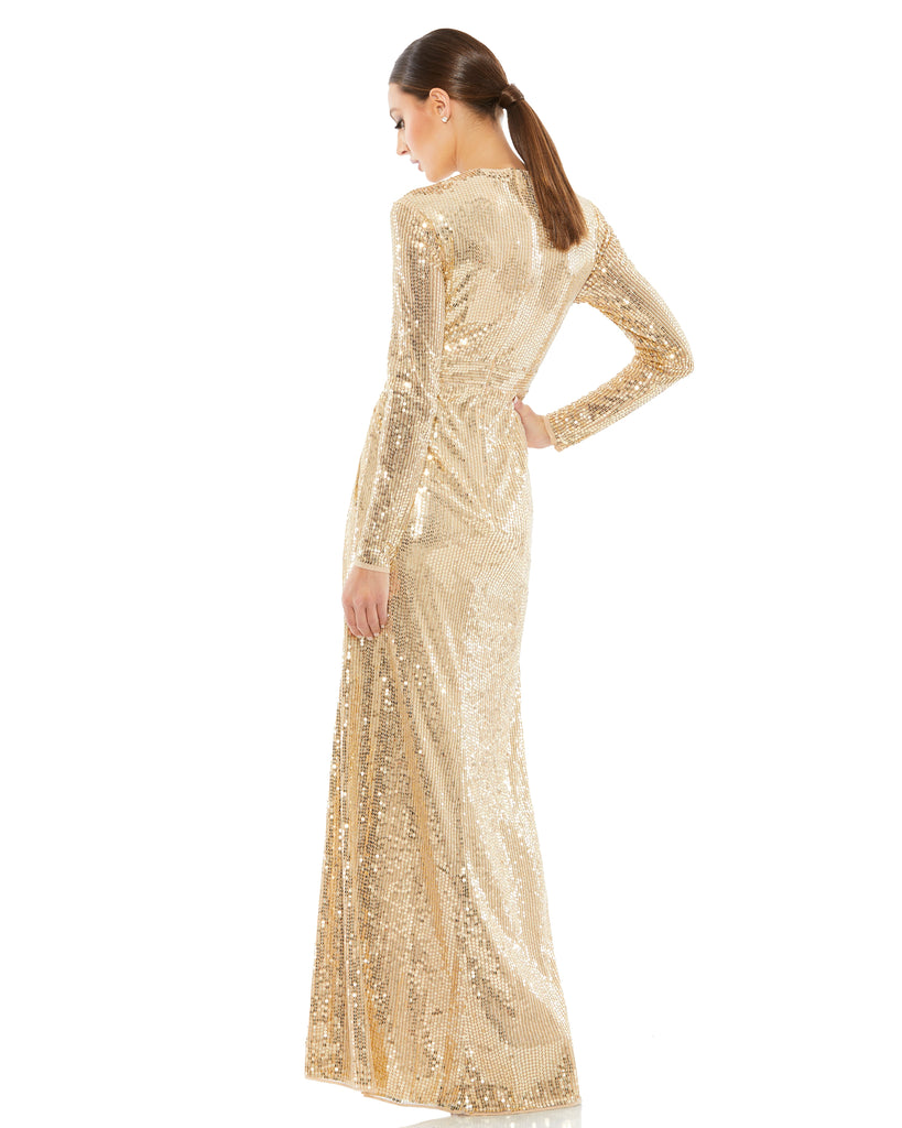 This elegant Mac Duggal, long, gold, hand-sequined gown is a fashion-forward choice for any formal affair. With a high round neckline, long sleeves, and a floor-grazing skirt, this modest silhouette is accented by a draped skirt and inset waist detail. Sleeves feature hidden zippers for ease of dressing. This elegant evening dress is the perfect dress perfect for proms, black-tie affairs, weddings and special events! back