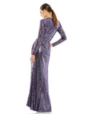 This elegant Mac Duggal, long, amethyst, hand-sequined gown is a fashion-forward choice for any formal affair. With a high round neckline, long sleeves, and a floor-grazing skirt, this modest silhouette is accented by a draped skirt and inset waist detail. Sleeves feature hidden zippers for ease of dressing. This elegant evening dress is the perfect dress perfect for proms, black-tie affairs, weddings and special events! BACK