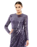 This elegant Mac Duggal, long, amethyst, hand-sequined gown is a fashion-forward choice for any formal affair. With a high round neckline, long sleeves, and a floor-grazing skirt, this modest silhouette is accented by a draped skirt and inset waist detail. Sleeves feature hidden zippers for ease of dressing. This elegant evening dress is the perfect dress perfect for proms, black-tie affairs, weddings and special events! CLOSE UP