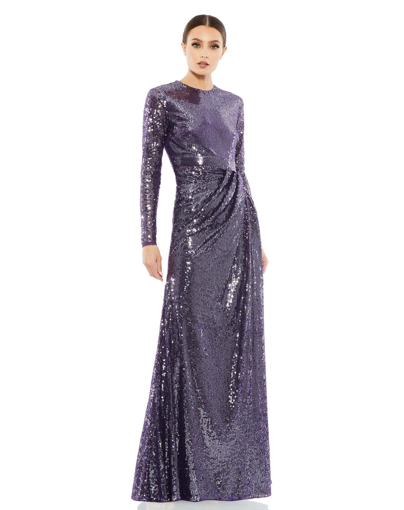 This elegant Mac Duggal, long, amethyst, hand-sequined gown is a fashion-forward choice for any formal affair. With a high round neckline, long sleeves, and a floor-grazing skirt, this modest silhouette is accented by a draped skirt and inset waist detail. Sleeves feature hidden zippers for ease of dressing. This elegant evening dress is the perfect dress perfect for proms, black-tie affairs, weddings and special events!
