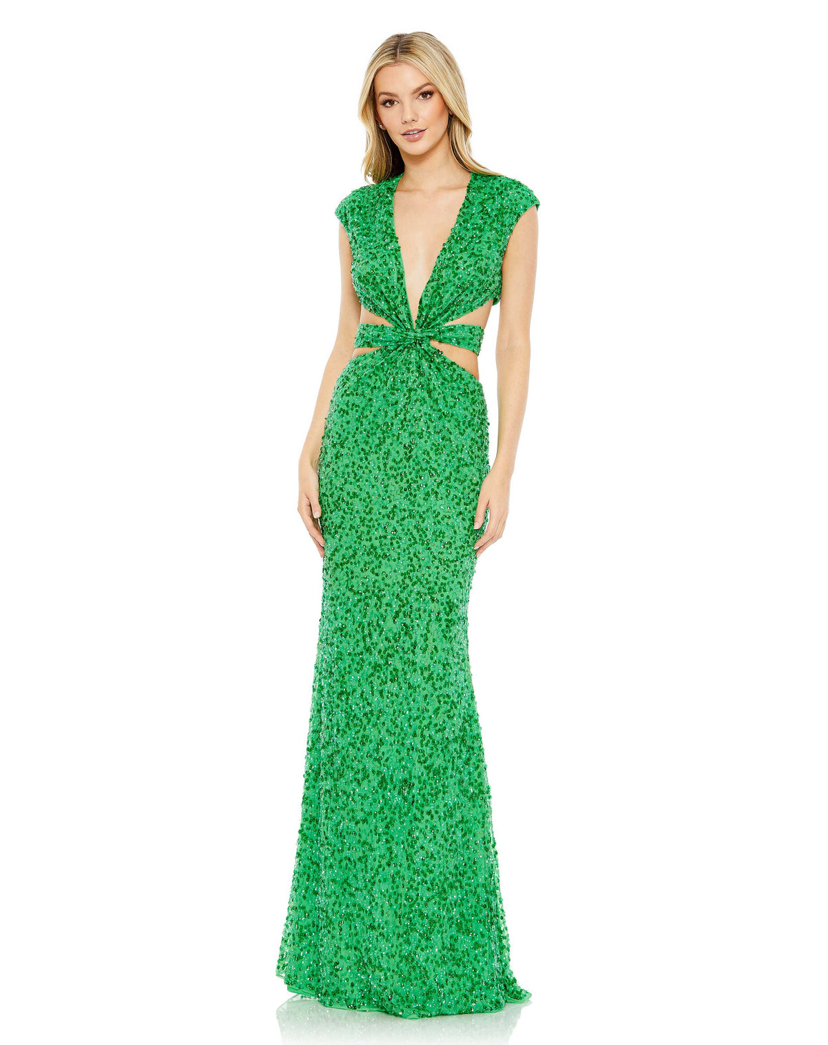 This hot, Mac Duggal, floor-length, sequinned spring green, evening gown is a super-sexy, black-tie dress for that special occasion! With a plunging V neck, sexy cut-out detail and a floor-length finish, this sequin dress in this striking colour is perfect for Summery special occasions and events! 