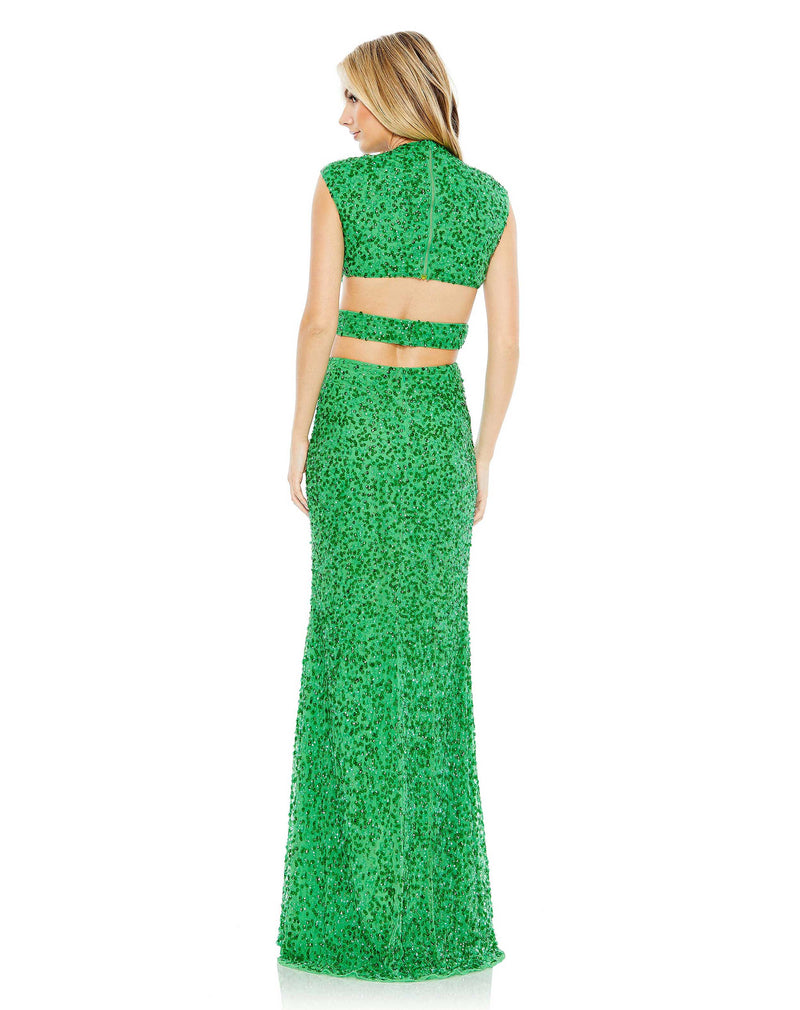 This hot, Mac Duggal, floor-length, sequinned spring green, evening gown is a super-sexy, black-tie dress for that special occasion! With a plunging V neck, sexy cut-out detail and a floor-length finish, this sequin dress in this striking colour is perfect for Summery special occasions and events back