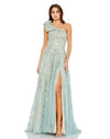 This incredible sage green gown is made from shimmery, botanical-embroidered tulle with with a rhinestone trim at the waist and topped with a feminine full bow at the single shoulder. It’s glamorous, romantic—and with a high leg slit—flirty, too. This gown is perfect for wedding guests and Summer parties!