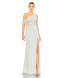 Sensual and elegant, draped off-the-shoulder sleeves are this “It” design detail. This ivory, asymmetrical gown incorporates the sleeves as part of its beautiful bodice that’s embellished with pearlescent beads and flower-shaped sequins. A trend-forward play on vintage dress closures, covered buttons create a path leading to the top of a sexy leg slit. This is a perfect gown for weddings, second dresses and engagement parties!