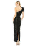 This stunning Mac Duggal elegant, asymmetric black stretch sequin midi length cocktail dress features a gorgeous bow detail accent on one sleeve! Crafted in a sexy, bodycon fit, this dress is elegant and sophisticated. This dress is perfect for proms, weddings and special events back view