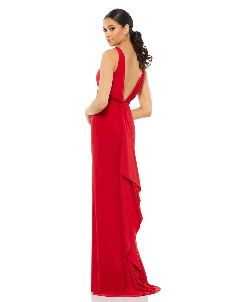 This stunning, red, sleeveless faux-wrap v-neck jersey gown featuring a plunging-v back, gathered sweeping train, and high front slit is a beautiful, full-length evening dress perfect for proms, black-tie affairs, weddings and special events back