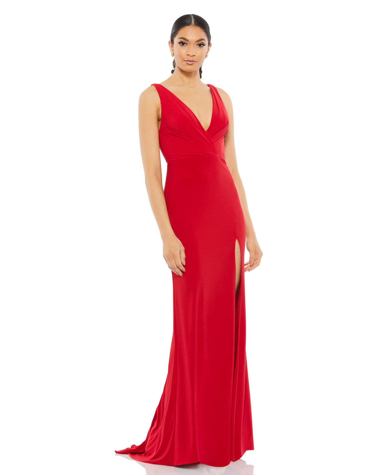 This stunning, red, sleeveless faux-wrap v-neck jersey gown featuring a plunging-v back, gathered sweeping train, and high front slit is a beautiful, full-length evening dress perfect for proms, black-tie affairs, weddings and special events!