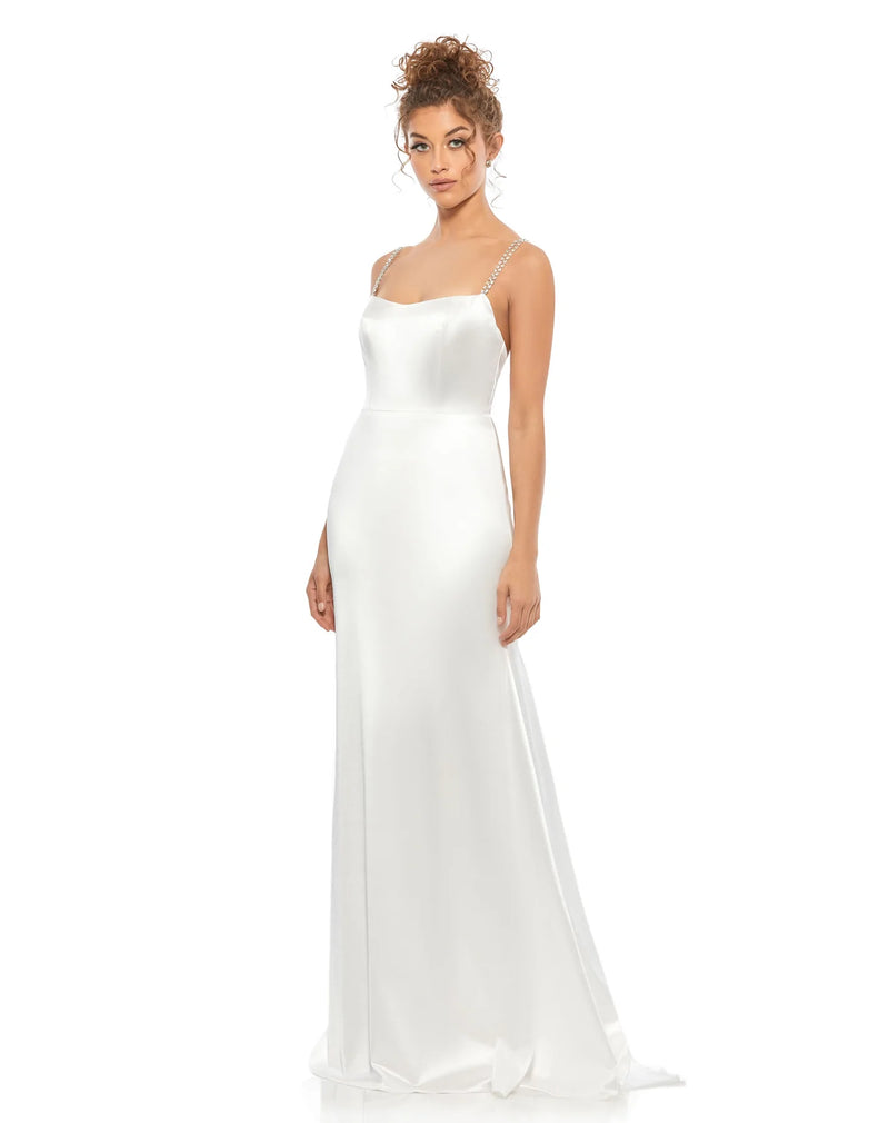 Satin crystal encrusted evening gown - White